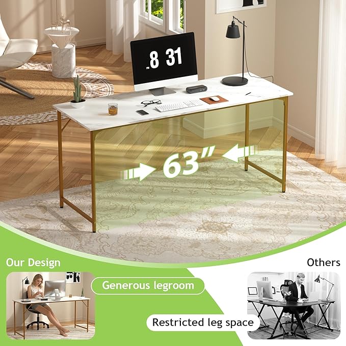 63 Inch Large Computer Gaming Desk Modern Simple Style Office Computer Table for Bedroom Writing Work Study Table with Metal Frame for Home Office Large Legroom Gold