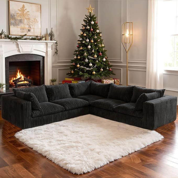 118.2 Modern V Shaped Corner Sofa Comfy Modular Sectional Cloud Couch with Plush Corduroy Fabric Deep Seat Upholstered Sofa Fluffy Boneless Couches for Living Room No Assembly (Black)