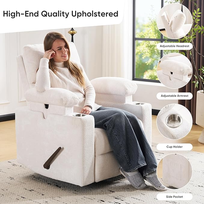 Swivel Rocker Recliner with Adjustable Armrests Rocking Nursery Chair with Adjustable Headrest Cup Holder Manual Recliner Nursing Chair for Breastfeeding Chenille White