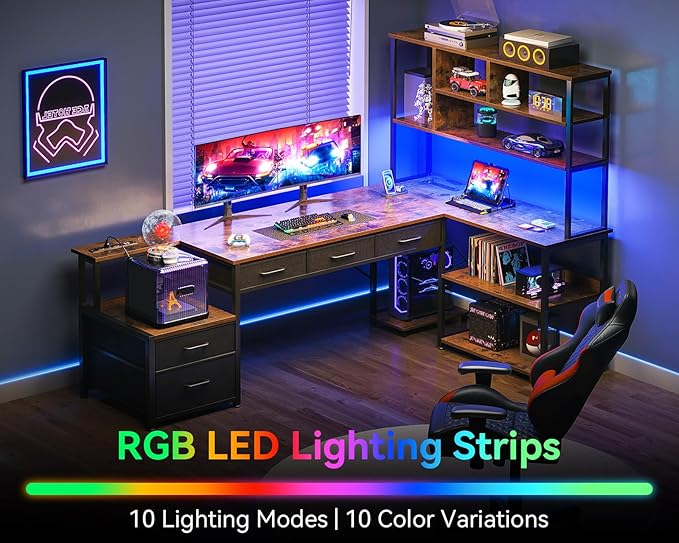 AODK 79 inch L Shaped Desk with 5 Drawers Reversible L Shaped Gaming Desk with LED Light &amp 2 Power Outlets Computer Desk with Storage Shelves for Home Office Vintage