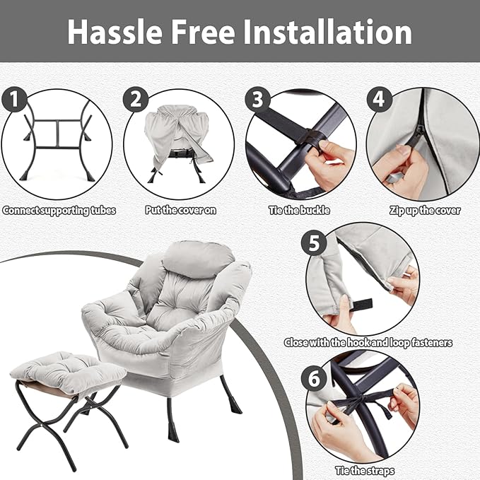 Lazy Chair with Folding Ottoman Accent Chair Velvet Upholstered with Metal Structure and Non-Slip Pads Sofa Armchair with Footrest and Side Storage Bag for Dorm Room Office Light Gray