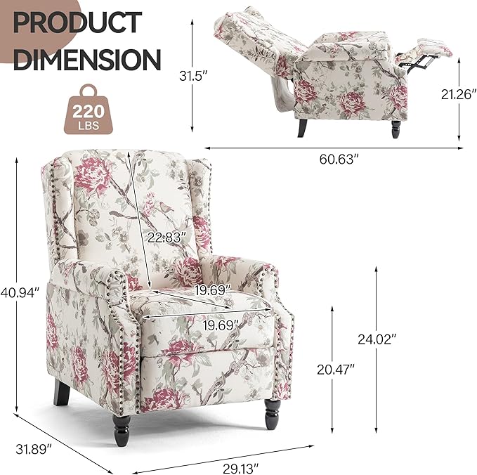 Pushback Recliner Chair Floral Fabric Wingback Recliner Chair Upholstered Rivet Trim Armchair Push Back Recliner Accent Chair for Living Room Small Spaces Plants Floral