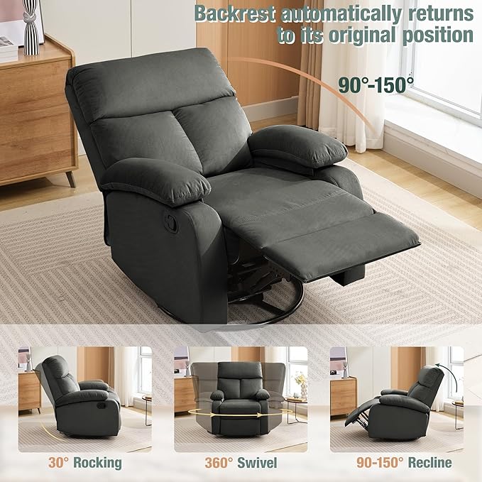 Swivel Rocker Recliner for Adults Rocking Small Recliner Chair for Small Spaces Glider-Nursery Rocking Chair for Living Room RV Nursery Bedroom Grey
