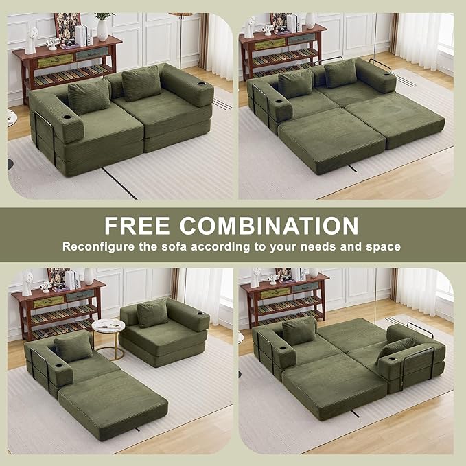 78 Loveseat Sleeper Sofa 4 in 1 Convertible Floor Sofa Bed Boneless Cloud Couch with Cup Holder Fold Out Floor Couch for Living Room Bedroom Lounge Corduroy Olive