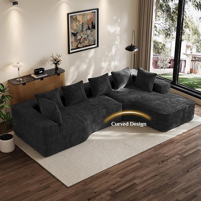 134'' Cloud Couch Modular Sectional Sofa Comfy L Shaped Couches for Living Room Fluffy Chenille 5 Seater Boneless Couch with Oversized Chaise &amp Deep Seat No Assembly Required(Black)