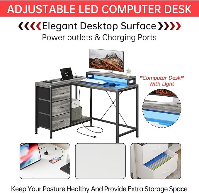 Hetoy L-Shaped Computer Desk with Charging Station – Corner Gaming Desk with LED Lights Drawers &amp Storage Shelves for Home Office Use Oak