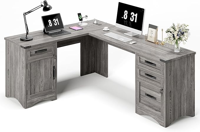 L Shaped Farmhouse Executive Desk with Drawers 67 Home Office Desks with Fast Charging Station Lockable File Cabinet Wood Writing Computer Desk for Work Study Grey