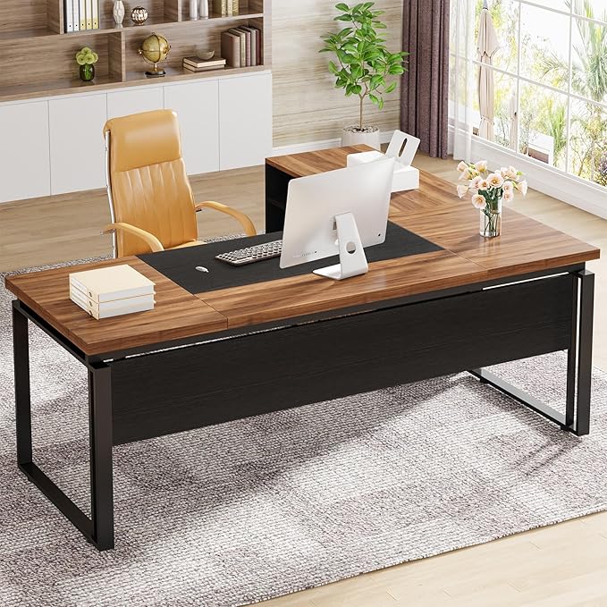 LITTLE TREE 63 L-Shaped Executive Office Desk with File Cabinet Combo Large Modern Office Desk for Home Office Reversible 2-Drawer Wood File Cabinet for A4/Letter Size Files(Brown &amp Black)