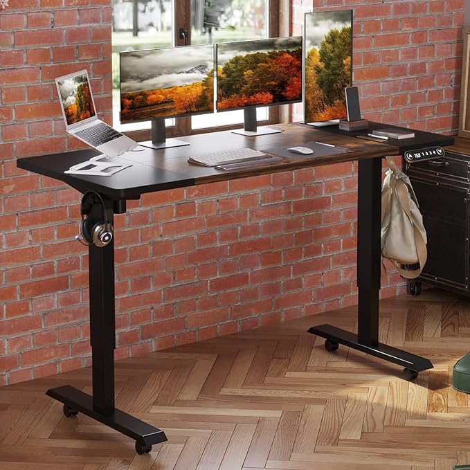 Height Adjustable Electric Standing Desk 55X24 Height Stand Up Computer DeskSit and Stand Home Office Desk with Splice Board (Black+Brown Top Black Frame)