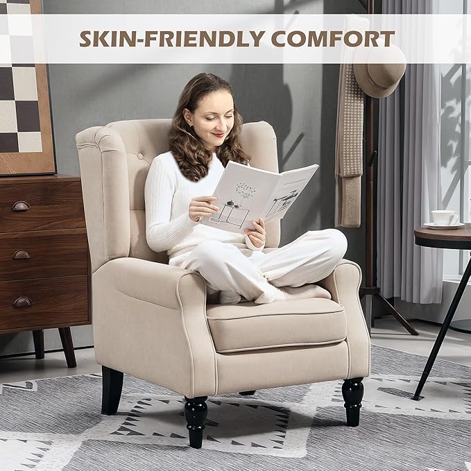 HOMCOM Mid-Century Modern Accent Chair High Wingback Reading Chair Button-Tufted Upholstered Fabric Armchair with Retro Wood Legs for Apartment Living Room Bedroom Beige
