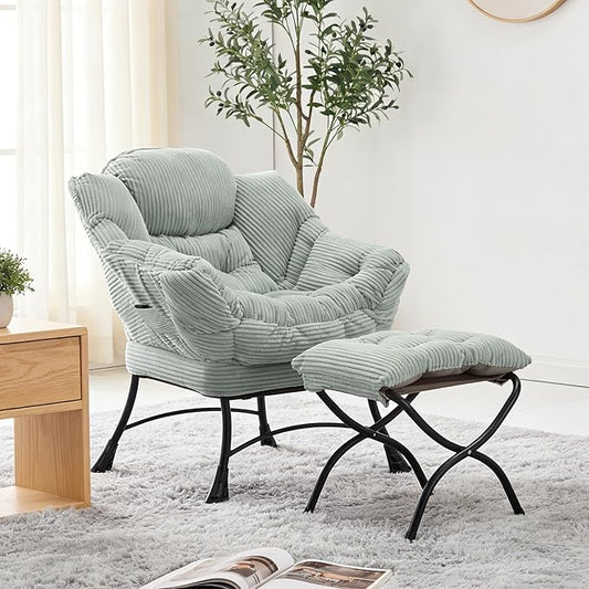 QQU Lazy Chair with Ottoman Corduroy Lounge Armchair Reading Chair with Footrest for Living Room Balcony Study (Green)