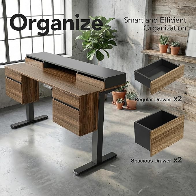 ErGear Electric Standing Desk with 6 Drawers 55 Inch Height Adjustable Stand Up Desk with Storage Computer Workstation with Monitor Stand for Home Office Black Walnut