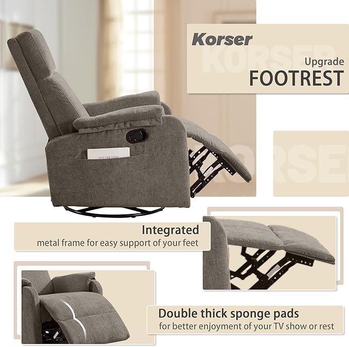 Swivel Rocking Recliner with Massage Small Glider Chair for Nursery Modern-Designed Armrests Chair for Adults Living Room Chenille Brown