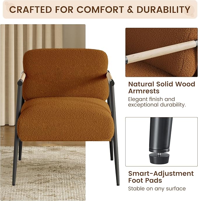 GarveeHome Comfy Chair Modern Accent Chair with Metal Frame Cozy Reading Chair with Soft Cushion &amp Wood Armrest for Bedroom Living Room Brown