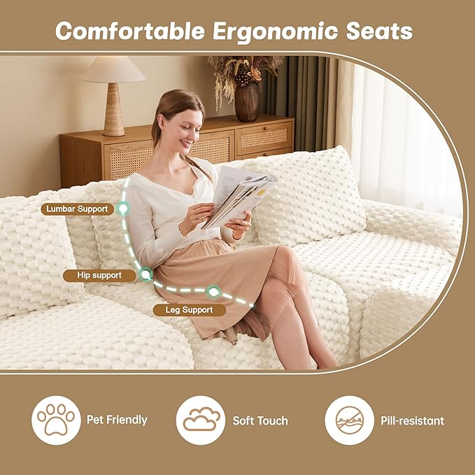 82'' Boneless Couch Modular Sectional Sofa Small L-Shaped Couch with Buckle Connection Anti-Slip Design Flannelette Fabric Couches for Living Room (Cream 2 Seat + 1 Ottoman)
