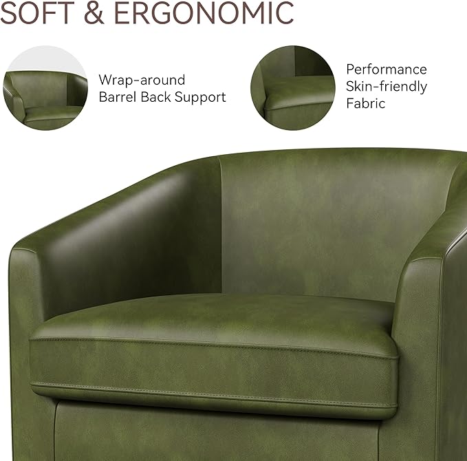 Swivel Barrel Accent Chair Round Faux Leather Living Room Arm Chairs Modern Upholstered Comfty Reading Nook Chairs for Bedroom Small Club Armchair Single Sofa Side Chair Green