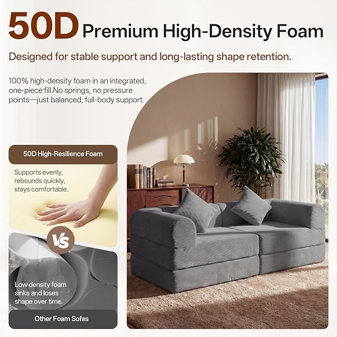 74.8’’ Boneless Modular Convertible Sofa Bed Fold-Out Floor Couch Loveseat All-Foam Futon Mattress Couch Corduroy Sleeper Sofa for Living Room &amp Small Spaces No Assembly Required Gray