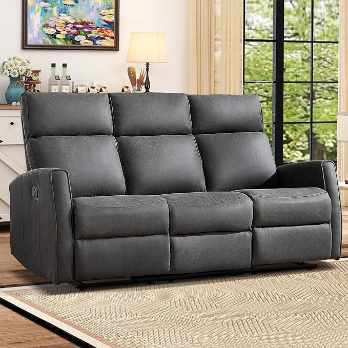 EBELLO Manual 3 Seat Reclining Sofa Couch Wall-Hugger 3-Seater Recliner Sofa with Overstuffed Backrest Soft Fabric Reclining Sofa Set for Living Room Office Apartment Grey