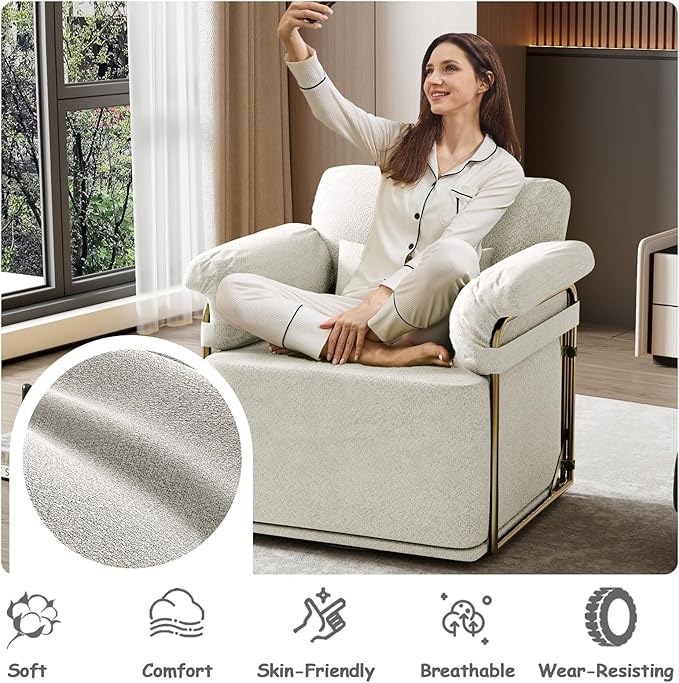 Swivel Accent Chairs 360 Swivel arm Chairs for Bedroom Club Chair with Back Gold Frame Tall Base for Office and Living Room (Beige)
