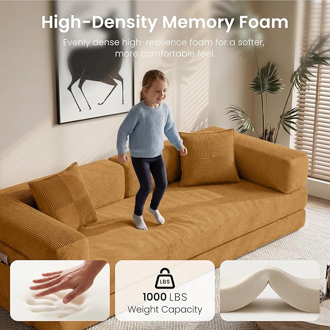 Convertible Floor Sofa Couch | 98.4’’ Folding Futon Sofa with Storage Pocket Oversized Corduroy Loveseat Sleeper Sofa with Pull Out Bed Modular Sectional Sofa for Apartment | Yellow