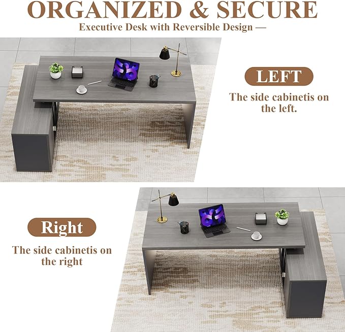 70.8 L-Shaped Executive Desk with File Drawers and Storage Cabinet Modern Large Office Desk Computer Workstation Gray Oak &amp Grey