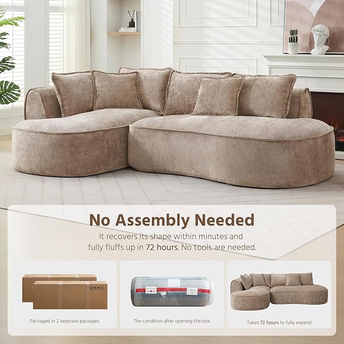 Modern Luxurious Oversized Boneless Couches Sectional Curved Sofa with 6 Pillows L-Shape Boneless Couch with Deep Seat High-Density Memory Foam No Assembly Required Chenille (Brown)