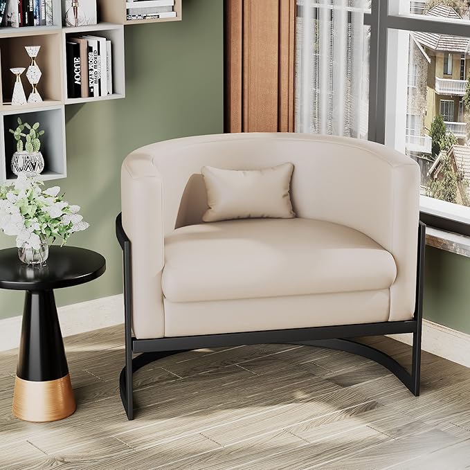 Faux Leather Accent Chair Modern Barrel Chair Upholstered Armchair for Living Room Bedroom Single Sofa Chair Club Chairs Beige