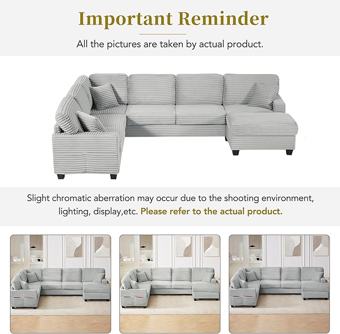125.2 Sectional Sofa U-Shaped Upholstered Sofa L-Shaped Couch with a Movable Ottoman and Side Storage Pockets for Living Room Grey