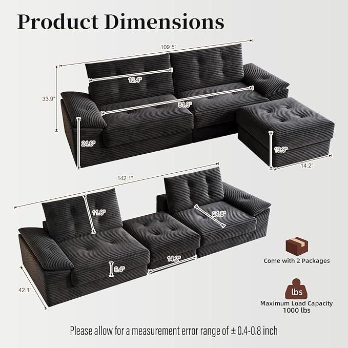 109.5 Loveseat Sofa with Ottoman Corduroy L Shape 3 Seater Couch Modular Sectional Couch for Living Room Small Spaces Apartment No Assembly Required Black