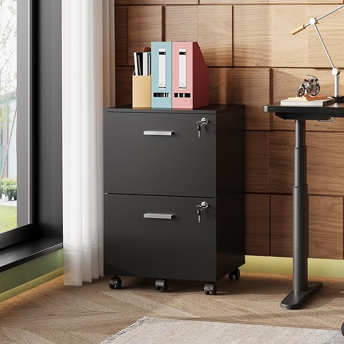 DEVAISE 2 Drawer File Cabinet Mobile Printer Stand Wood Filing-Cabinet fits A4 or Letter Size for Home Office Black