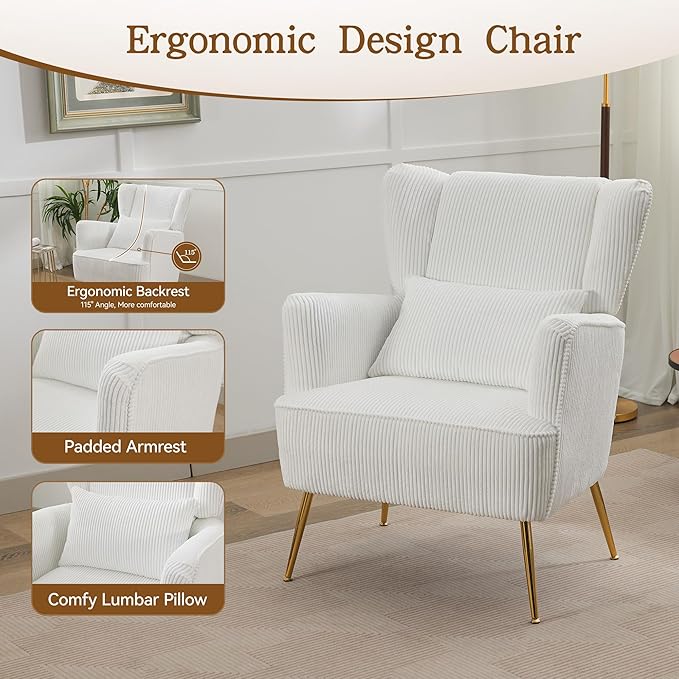 Living Room Chairs Corduroy Accent Armchair with Lumbar Pillow &amp Gold Leg 8.5 Thick Cushion Mid Century Modern High Wingback Bedroom Chairs Upholstered Comfy Sofa Arm Chair White