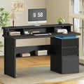 59 Executive Desk with Drawer Fluted Computer Desk with File Drawer &amp Monitor Stand Home Office Desk with Power Outlet LED Light Modern Fluted Computer Writing Desk with Storage Black