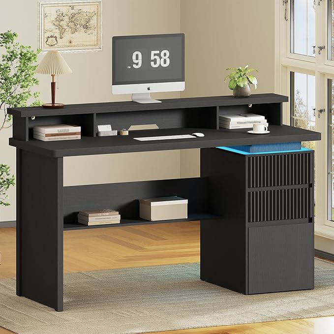 59 Executive Desk with Drawer Fluted Computer Desk with File Drawer &amp Monitor Stand Home Office Desk with Power Outlet LED Light Modern Fluted Computer Writing Desk with Storage Black