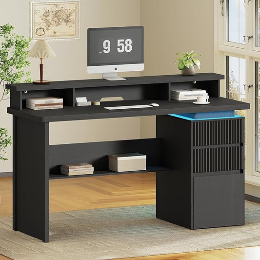 59 Executive Desk with Drawer Fluted Computer Desk with File Drawer &amp Monitor Stand Home Office Desk with Power Outlet LED Light Modern Fluted Computer Writing Desk with Storage Black