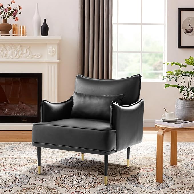 Glitzhome Mid-Century Modern Accent Chair for Living Room Black Leatherette Armchair with Golden Metal Legs and Side Pocket Oversized Single Sofa Reading Chair with Soft Seat Cushion