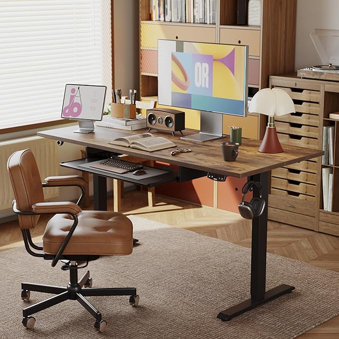 Agilestic Height Adjustable Desk with Keyboard Tray 55 x 24 Inches Electric Standing Desk with Memory Preset Stand up Computer Table Lightweight Board Dark Brown