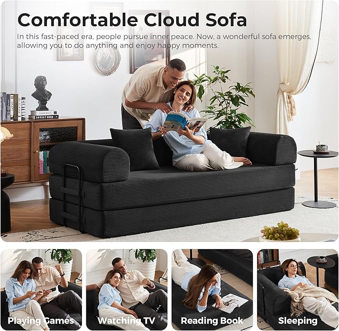 5-in-1 Convertible Sofa Bed No Assembly 79 Fixed Steel Frame Sleeper with High-Resilience Foam Corduroy Modular Couch Foldable for Small Space Apartment Studio (Black)