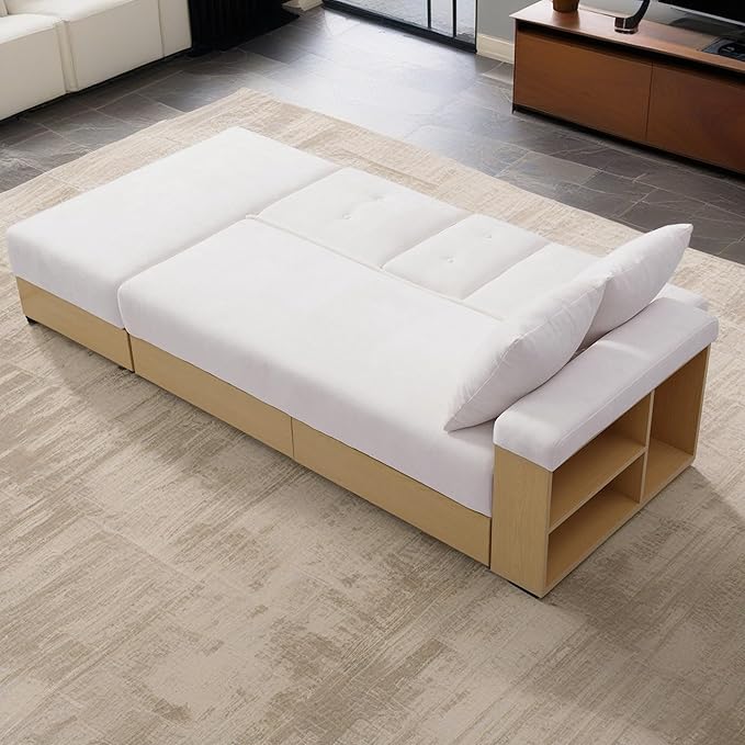 Sofa 84.65 Convertible Sofa Bed with Storage Ottoman Adjustable Armrest &amp Coffee Table - Perfect for Small Apartments 2 Drawers Soft Cotton Linen Fabric Solid Wood FrameBeige