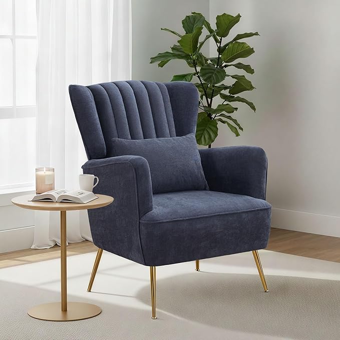Chenille Accent Chair with Lumbar Pillow Modern Wingback Chair for living room with Gold Metal Legs Upholstered Arm Chair with Thick Cushion Reading Chairs for bedroom Comfy Sofa Chair Blue