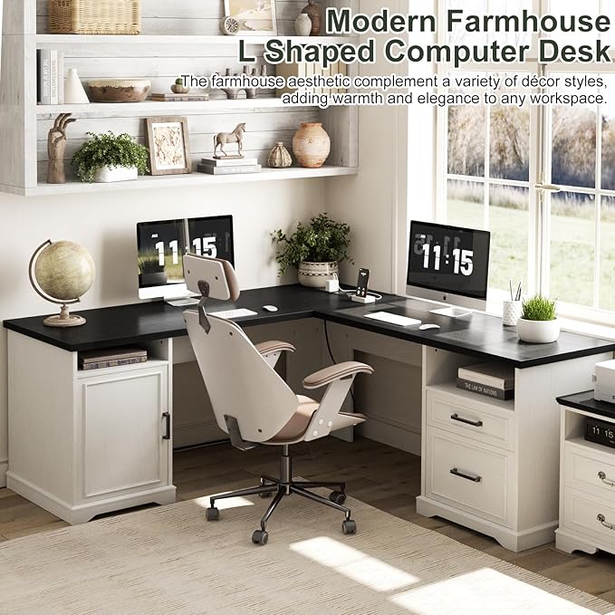Unikito Farmhouse L Shaped Executive Desk with File Drawers 60 Corner Computer Desk with Power Outlets Large 2 Person Home Office Table with Storage Cabinet Sturdy Writing Desks White and Black