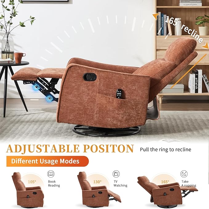 Small Swivel Rocker Recliner Chair for Nursery Heat &amp Massage Manual Upholstered 360° Fabric Glider Chair Small Recliners for Small Spaces Living Room (Orange)