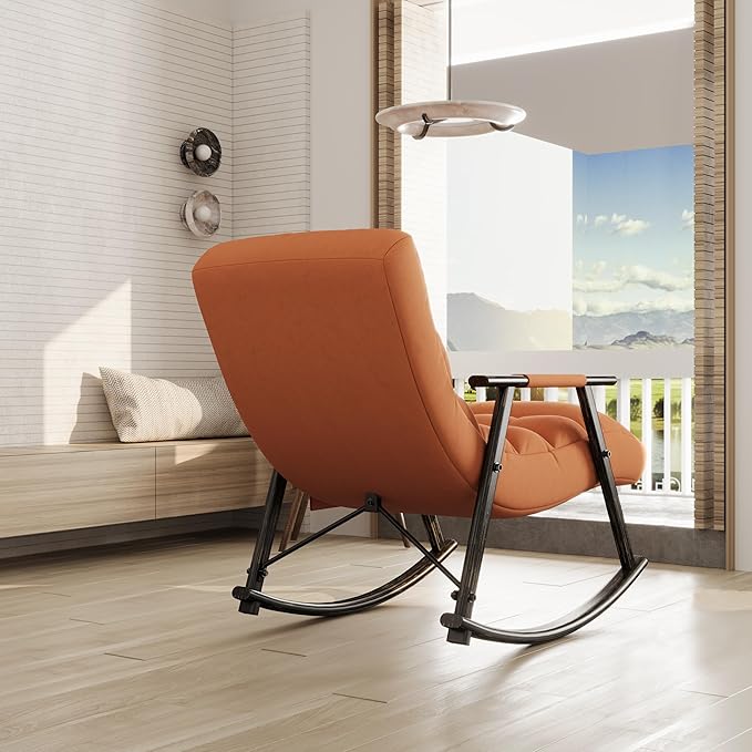 Casual Folding Rocking ChairVelvet Upholstered Rocking ChairModern Lounge Rocking ChairAdjustable High Back and Foot RestSide Pockets for Living RoomBedroomBalconyOrange