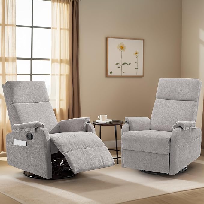 Swivel Rocking Recliner with Massage Small Glider Chair for Nursery Modern-Designed Armrests Chair for Adults Living Room Chenille Grey