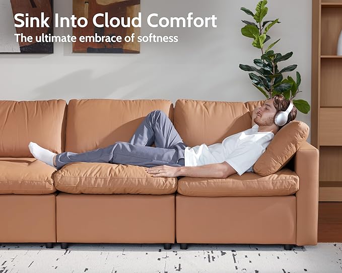 WEUP 130 Faux Leather Sectional Couch U Oversized Shaped Modular Sofa with Storage Ottoman Scratch Resistant Leather Sofa Spacious Deep Seat Mid Century Modern Couches for Living Room Brown