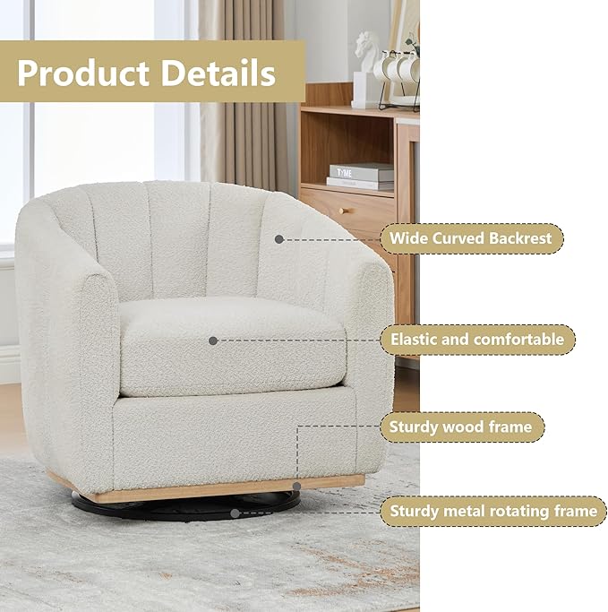 Ivory White Swivel Accent Chairs Set of 2Chenille Accent Chairs for Living RoomUpholstered Swivel Chair with Wide Curved Backrest