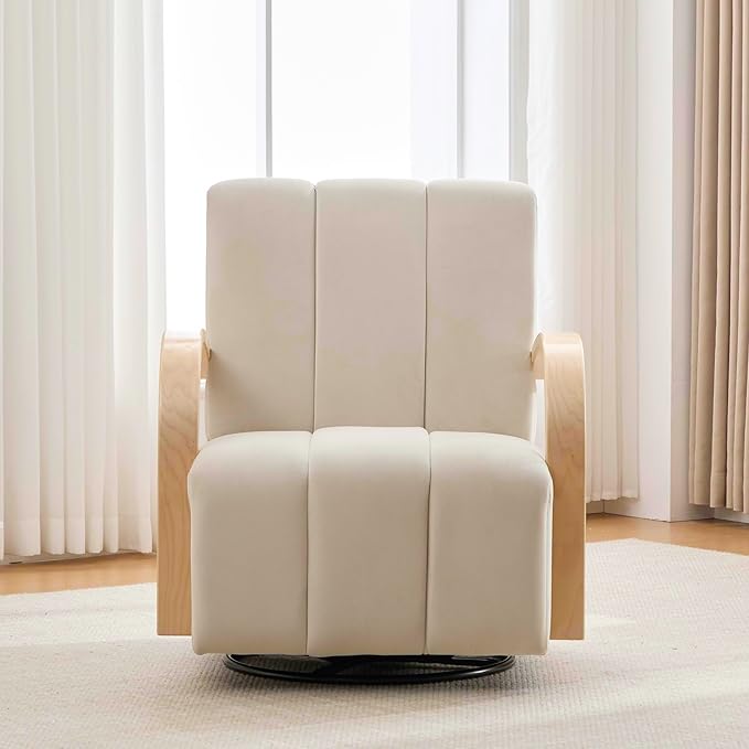 30.3 W Swivel Modern Boucle Upholstered Accent Chair with Solid Wood Armrests Comfy Lounge Reading Chair Side Armchair for Hotel Bedroom Living Room Office Nursery Room (Beige+PU)