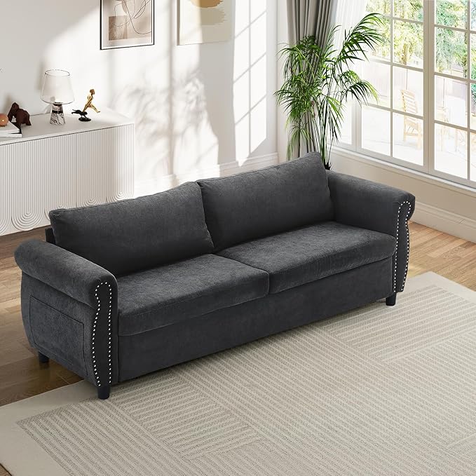 Pull Out Sofa Bed with Mattress Included Convertible Futon Oversized Chenille 3 Seater Loveseat Sleeper Sofa Couch Bed with Rivet Decoration &amp Rolled Arms for Guest Room Office Living Room Dark