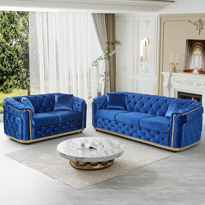 Velvet Couch Blue and Gold Sofa Luxury Loveseat 62.5 Mid Century Modern Chesterfield Sofa Couch for Living Room Tufted Sofas with 2 Pillows &amp Classic Golden Decor Blue