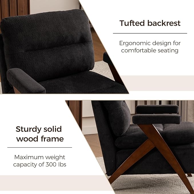 Mid Century Modern Tufted Accent Chair Set of 2 - Sturdy Upholstered Solid Wood Armchair with Breathable Fabric High-Density Cushion Non-Slip Pads for Living Room Reading Room Bedroom Black