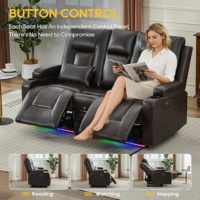 IPKIG Power Recliner Loveseat with Console Zero Wall Hugger Sofa Couch PU Leather 2-Seater Sofa with LED Lights AC Outlets USB Ports Brown | Storage Drawer Bluetooth Speaker Living Room Chair